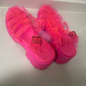 Neon pink jelly platform sandals